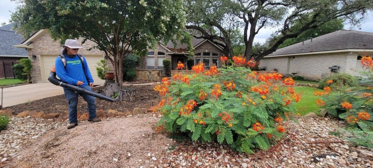 Georgetown Lawn Care team member tending a residential landscape