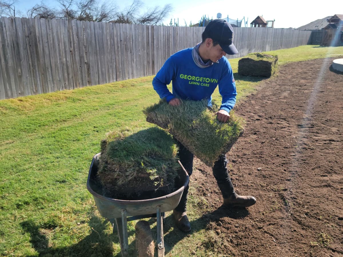 Georgetown Lawn Care team and equipment at a local property